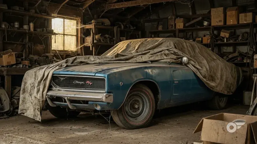 A car under a cover in a home garage, the cover half pulled back.