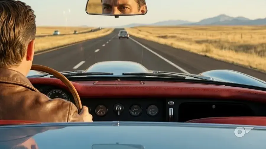 The same classic car, uncovered and out on the road.